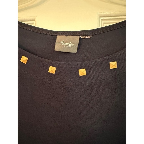 Chicos Top Womens Navy Blue Studded Knit 3/4 Sleeve Gold Studs Edgy Chic - Picture 4 of 6